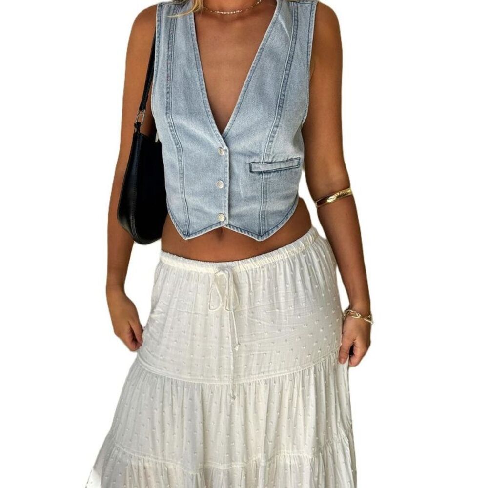 Women's V-Neck Denim Jean Vest Button Down Waistcoat Tank Blue Medium